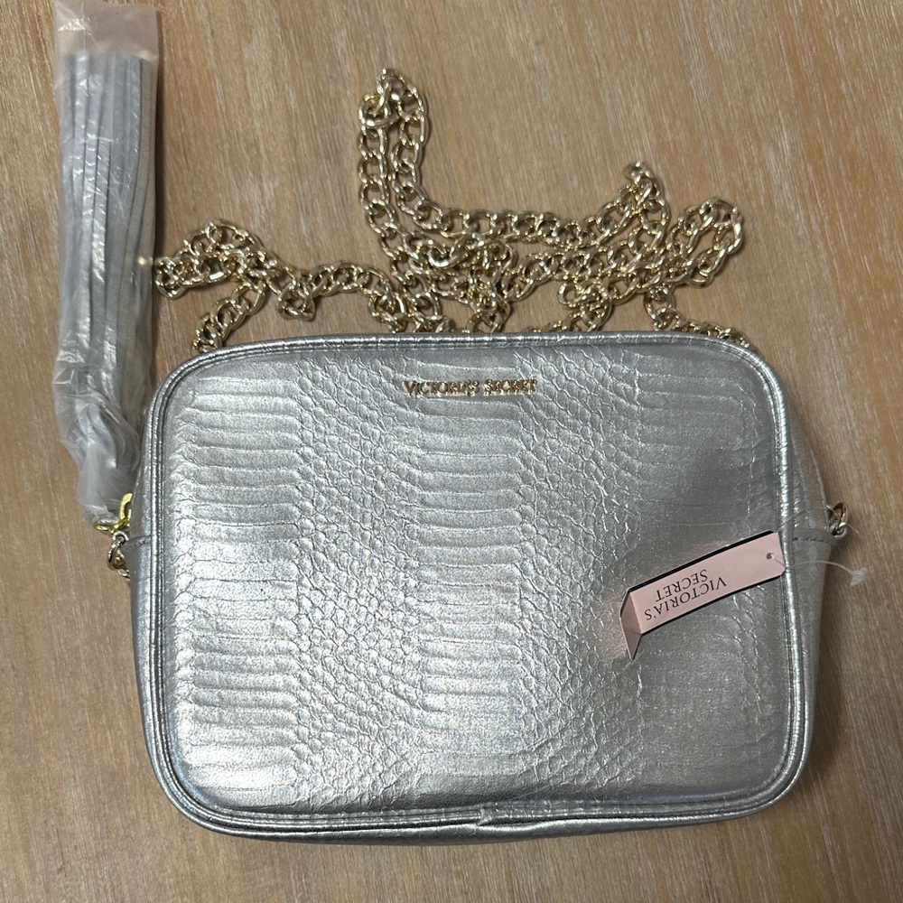 Victoria's Secret Metallic Silver Crossbody with Gold Chain